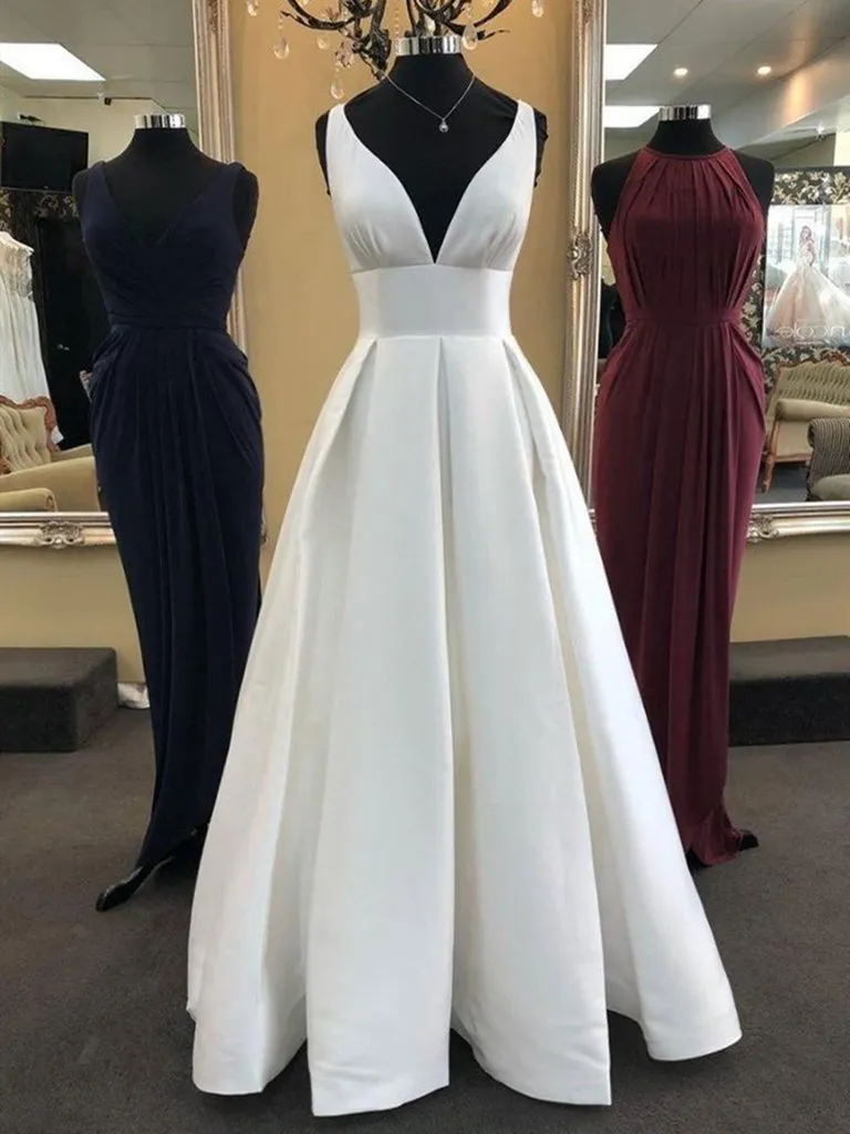 White V Neck Satin Long Prom Dresses, V Neck White Formal  Evening Dresses