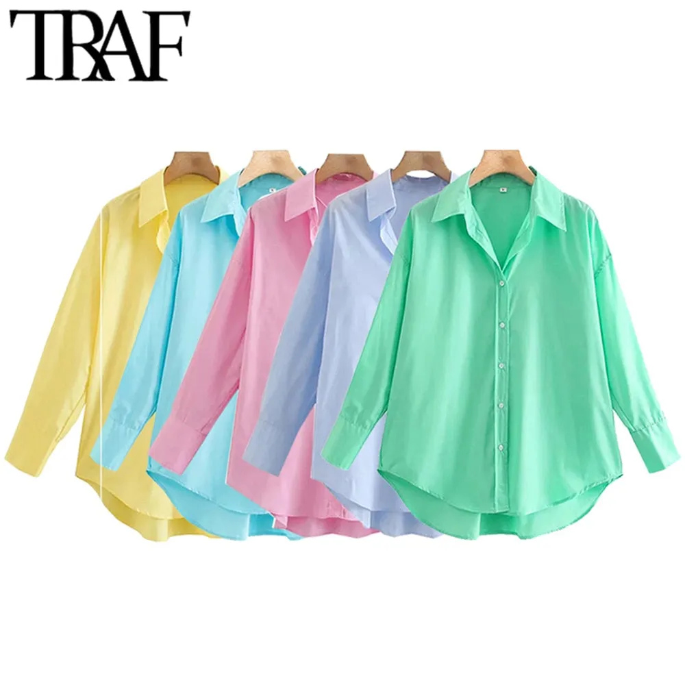 Women Fashion Loose  Blouses Vintage Long Sleeve Button-up