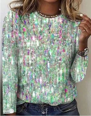 Women's Iridescent Brushed Milk Silk Long Sleeve Round Neck Blouse