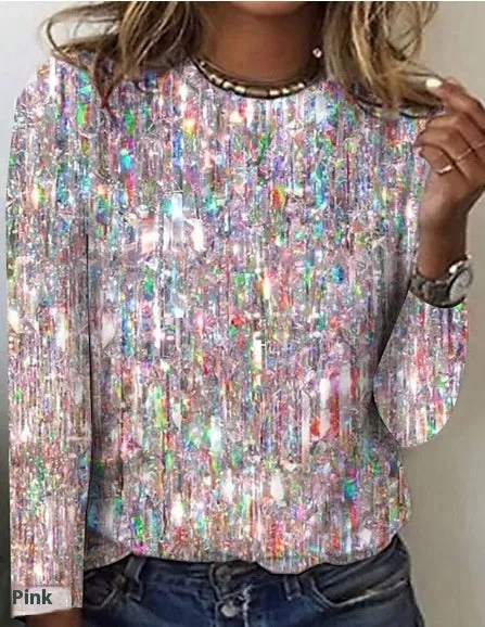 Women's Iridescent Brushed Milk Silk Long Sleeve Round Neck Blouse