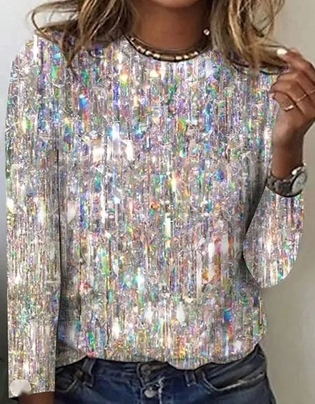 Women's Iridescent Brushed Milk Silk Long Sleeve Round Neck Blouse