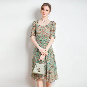 Women's Mulberry Silk Floral Mid-length Summer Slim Waist Dress