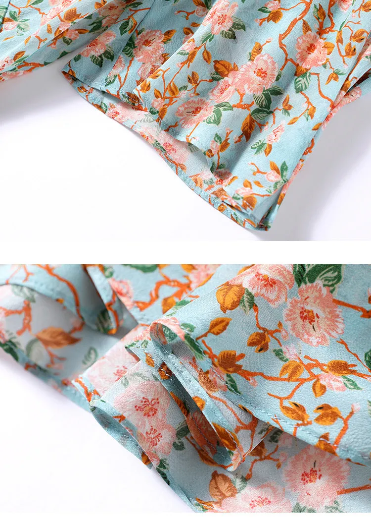 Women's Mulberry Silk Floral Mid-length Summer Slim Waist Dress