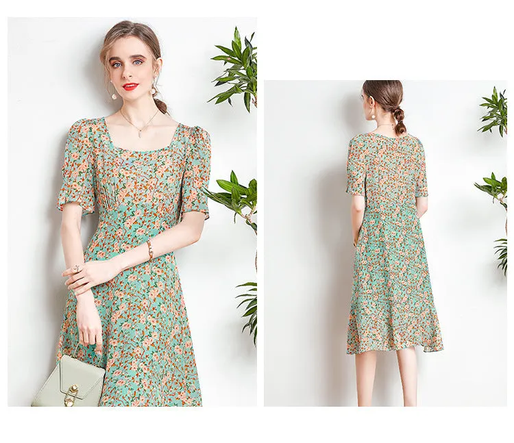 Women's Mulberry Silk Floral Mid-length Summer Slim Waist Dress