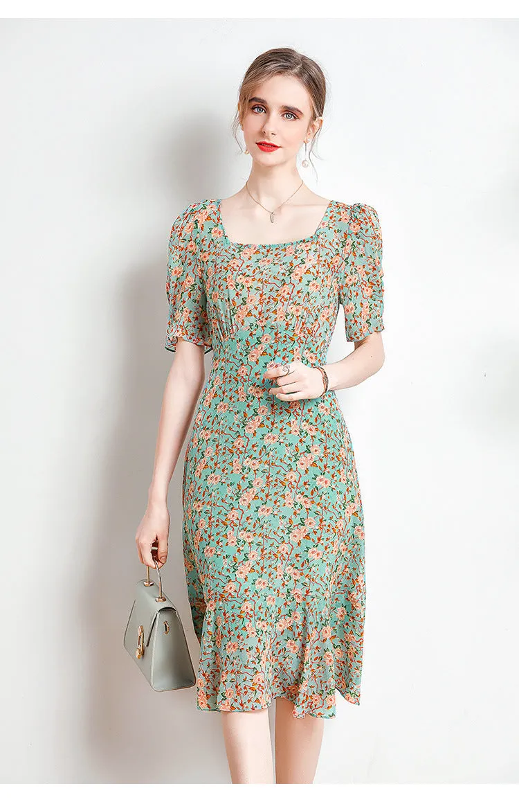 Women's Mulberry Silk Floral Mid-length Summer Slim Waist Dress