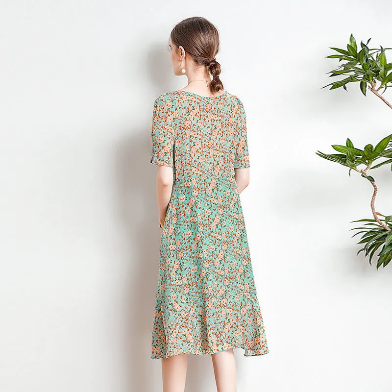 Women's Mulberry Silk Floral Mid-length Summer Slim Waist Dress