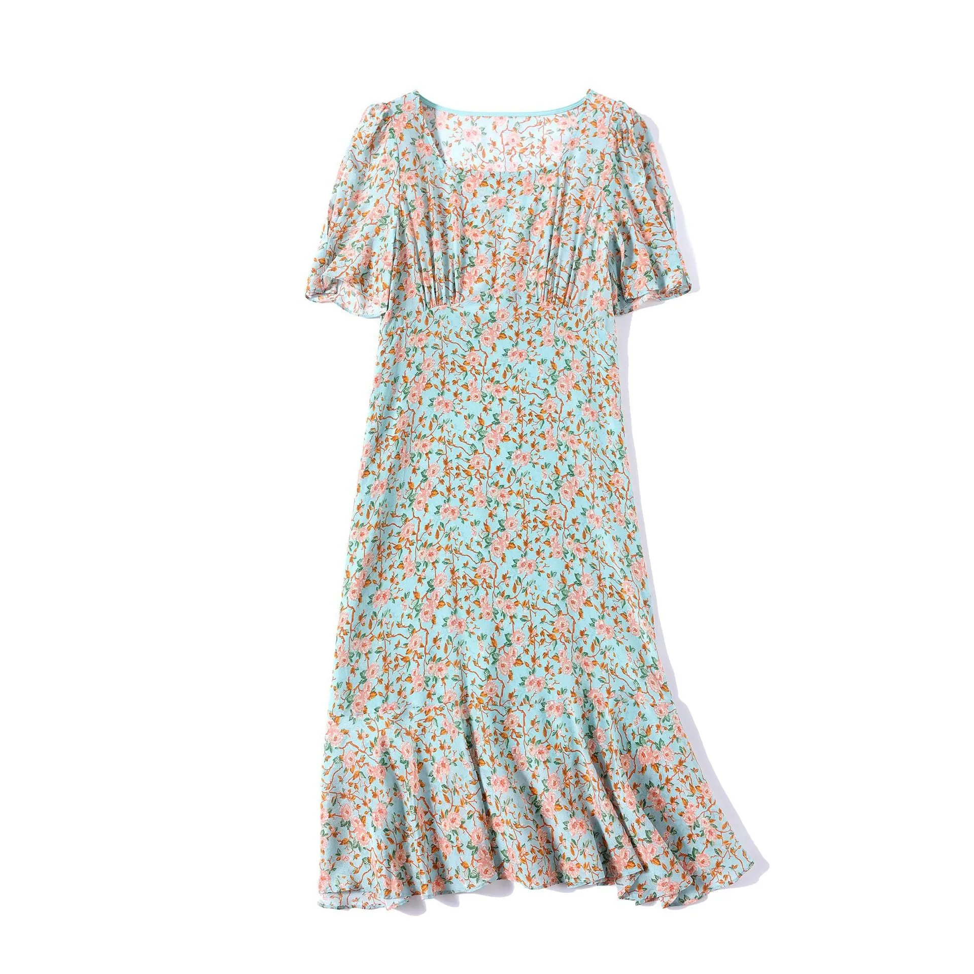 Women's Mulberry Silk Floral Mid-length Summer Slim Waist Dress