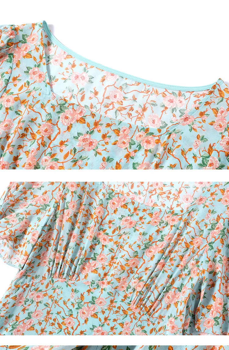 Women's Mulberry Silk Floral Mid-length Summer Slim Waist Dress