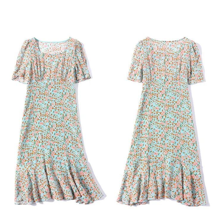 Women's Mulberry Silk Floral Mid-length Summer Slim Waist Dress
