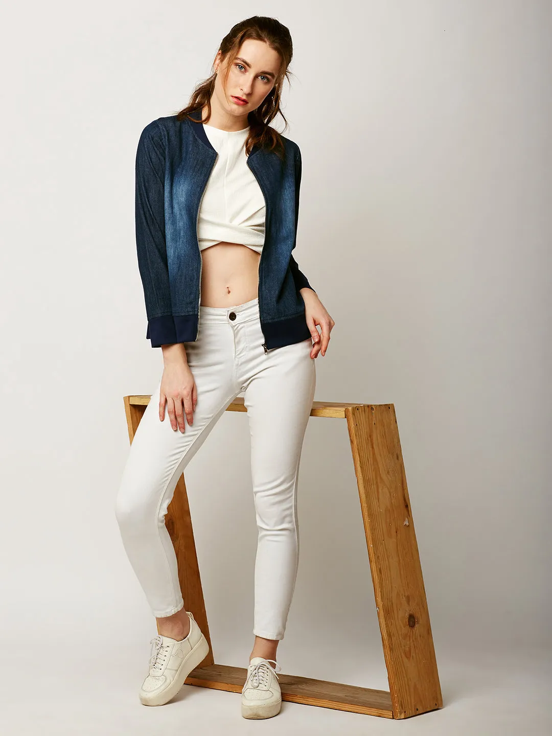 Women's Navy Blue V-Neck Full Sleeve Solid Denim Bomber Jacket