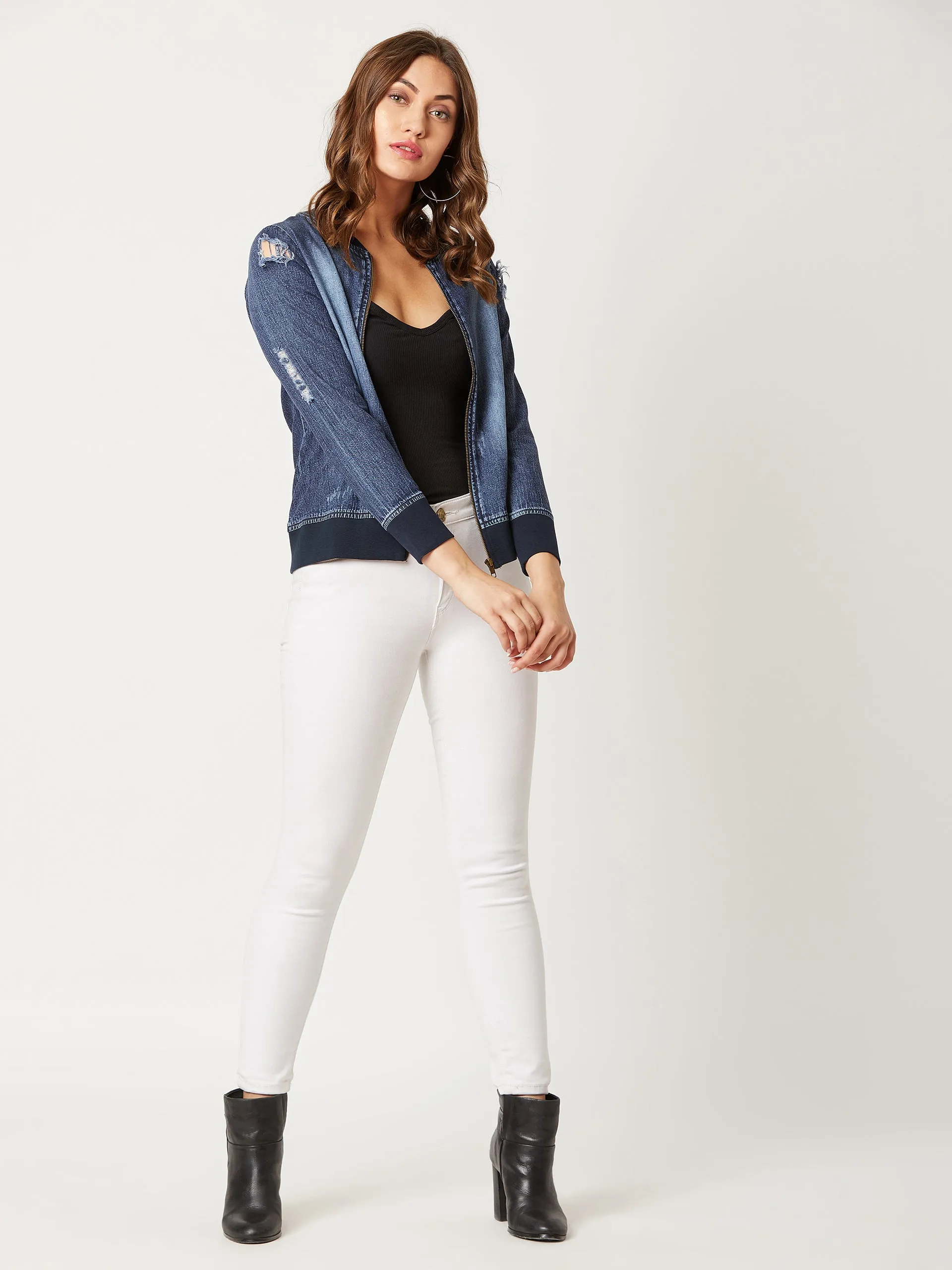 Women's Navy Blue V-Neck Full Sleeve Solid Ripped Bomber Regular Length Denim Jacket