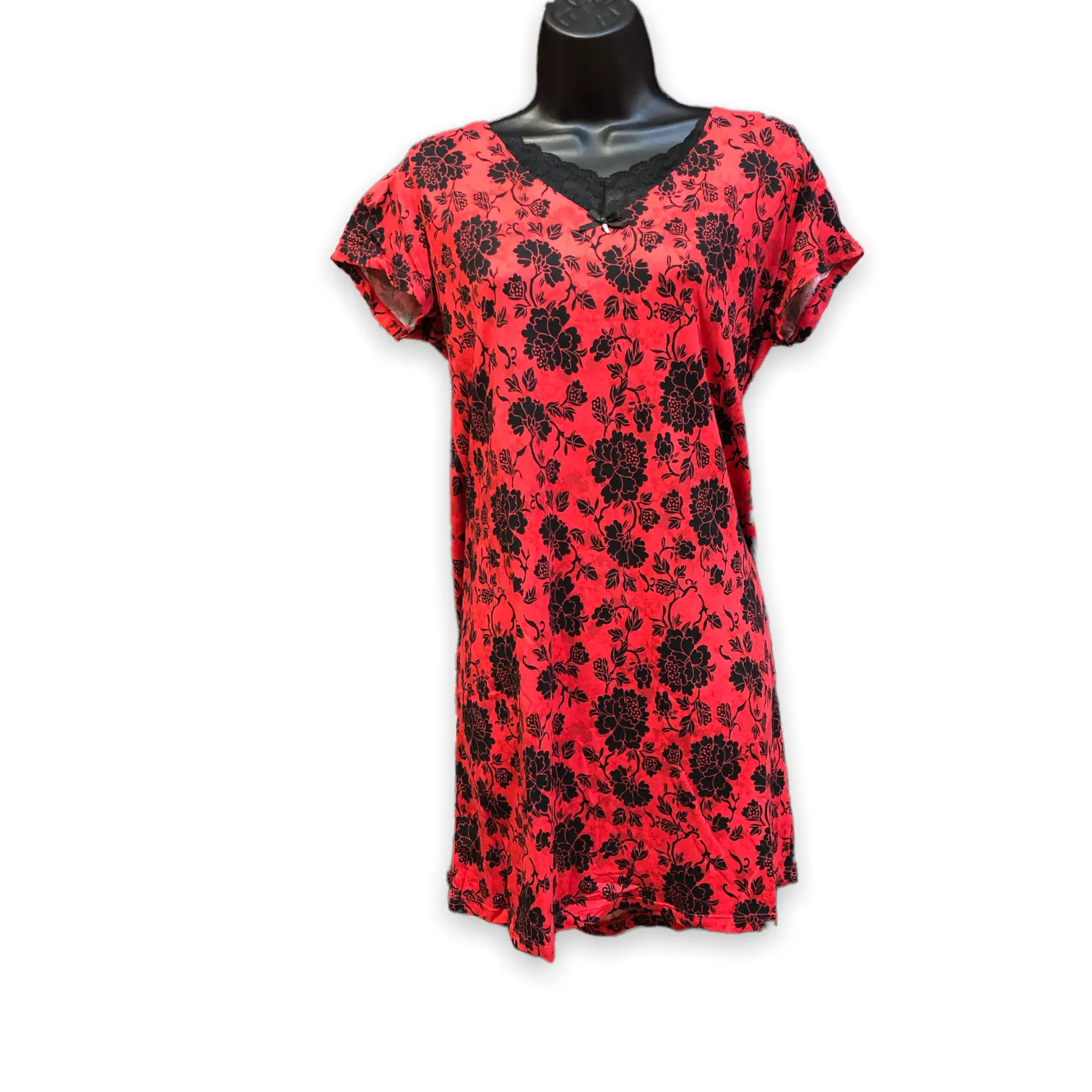 Women's Peached Knit Sleep Shirts with Lace Insert, Satin Bow & Pendant