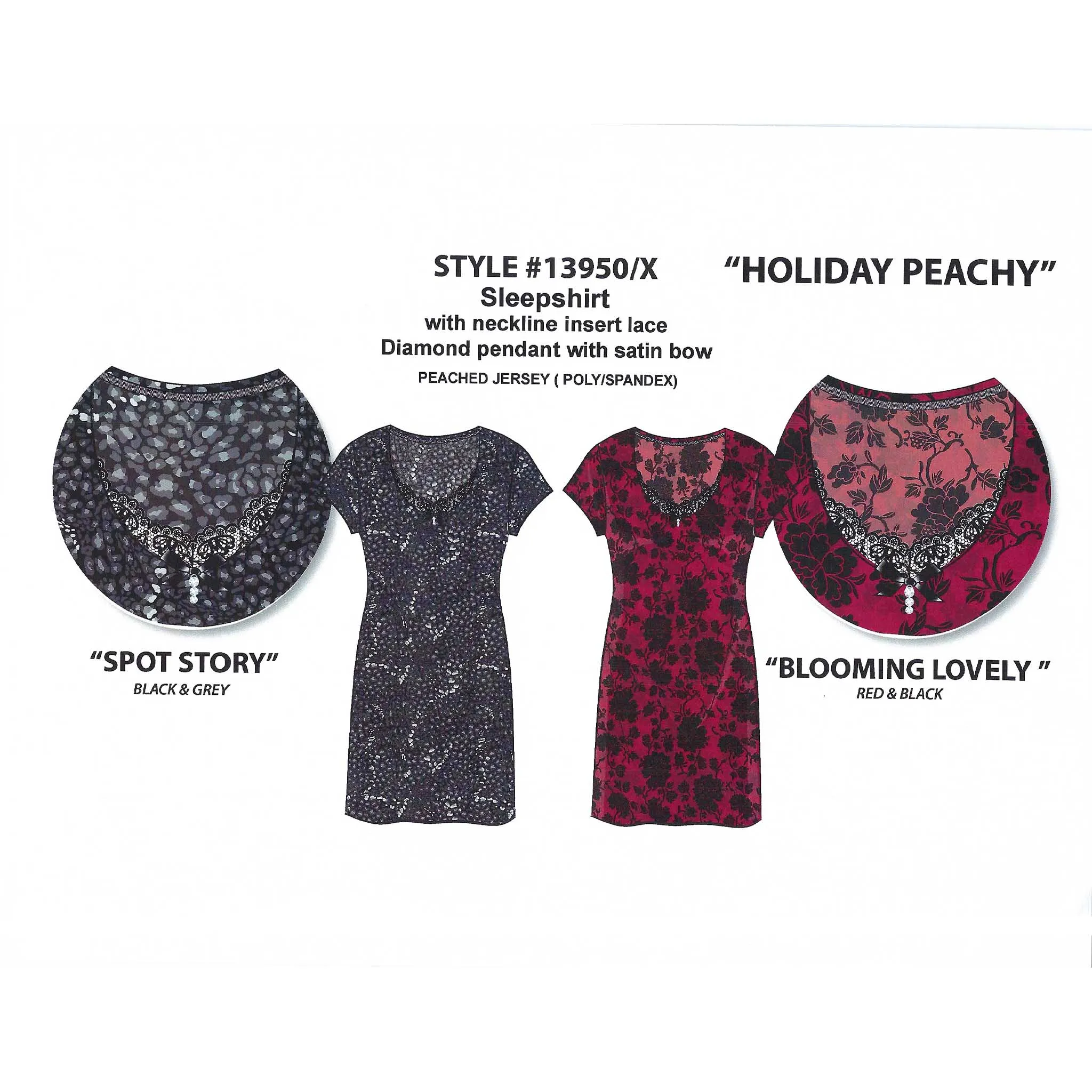 Women's Peached Knit Sleep Shirts with Lace Insert, Satin Bow & Pendant