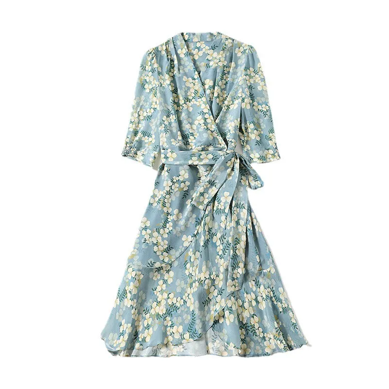 Women's Summer Mulberry Silk Dress Mid-length Printed Three Quarter Sleeve Dress