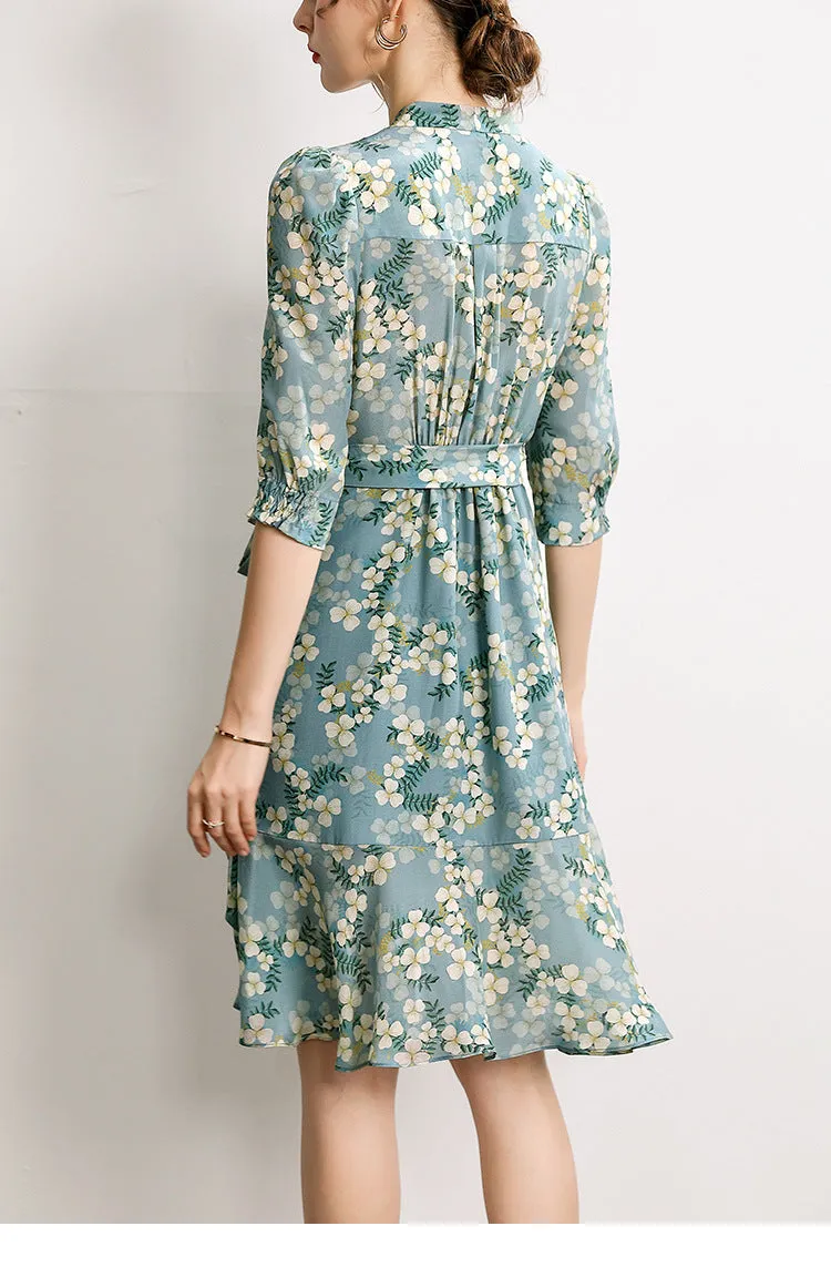 Women's Summer Mulberry Silk Dress Mid-length Printed Three Quarter Sleeve Dress