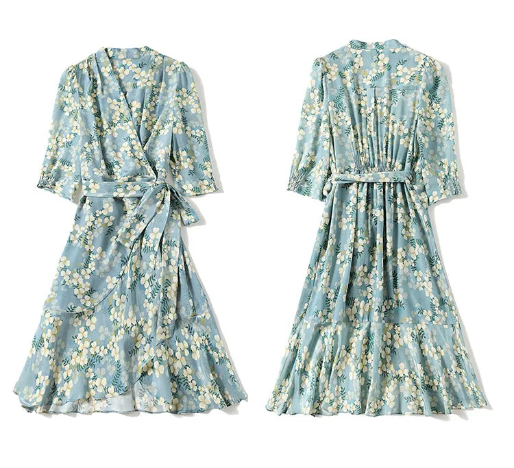Women's Summer Mulberry Silk Dress Mid-length Printed Three Quarter Sleeve Dress