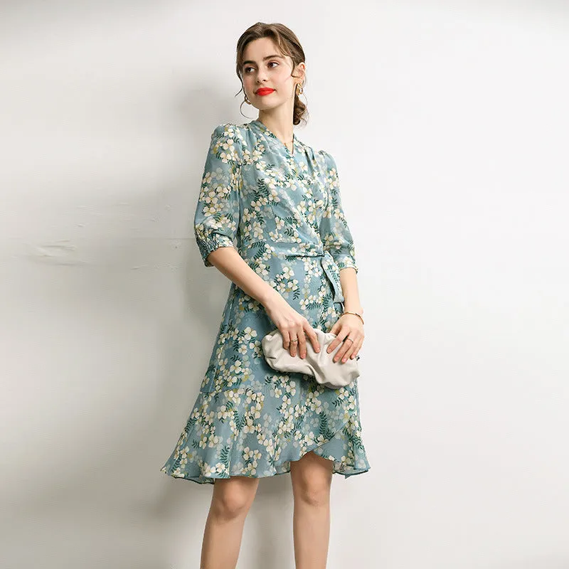 Women's Summer Mulberry Silk Dress Mid-length Printed Three Quarter Sleeve Dress