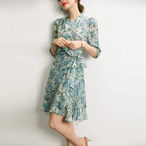 Women's Summer Mulberry Silk Dress Mid-length Printed Three Quarter Sleeve Dress