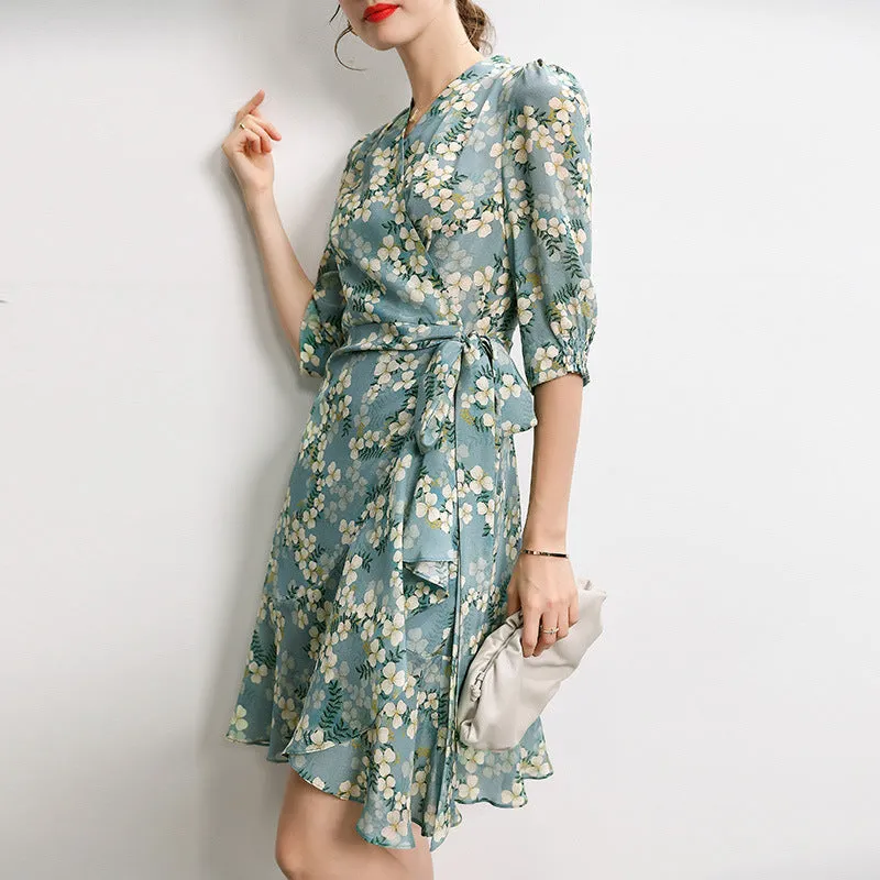 Women's Summer Mulberry Silk Dress Mid-length Printed Three Quarter Sleeve Dress