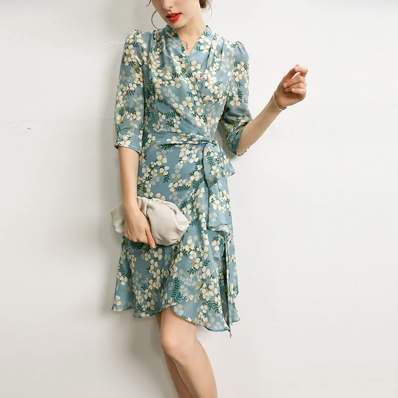 Women's Summer Mulberry Silk Dress Mid-length Printed Three Quarter Sleeve Dress