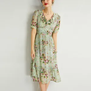 Women's Summer Mulberry Silk Dress Mid-length V-neck Fashion Slim Dress