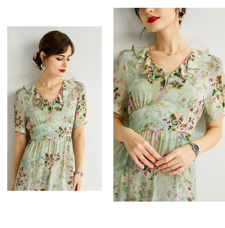 Women's Summer Mulberry Silk Dress Mid-length V-neck Fashion Slim Dress