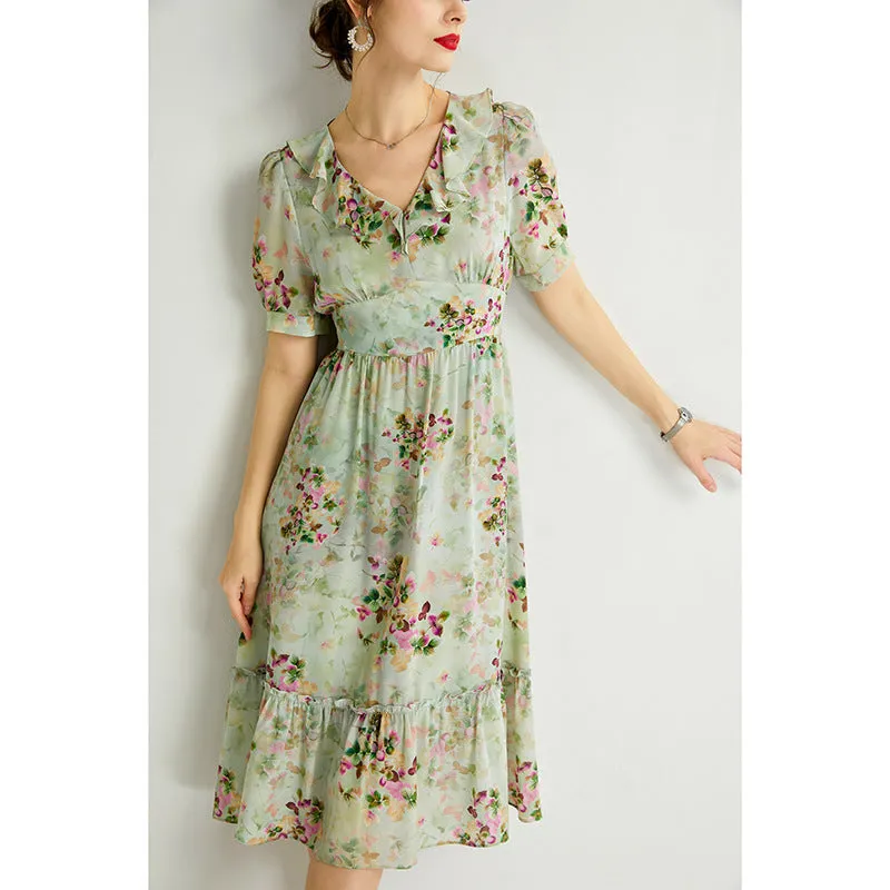 Women's Summer Mulberry Silk Dress Mid-length V-neck Fashion Slim Dress