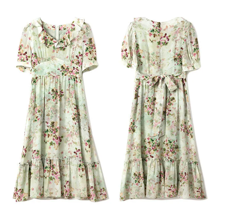 Women's Summer Mulberry Silk Dress Mid-length V-neck Fashion Slim Dress