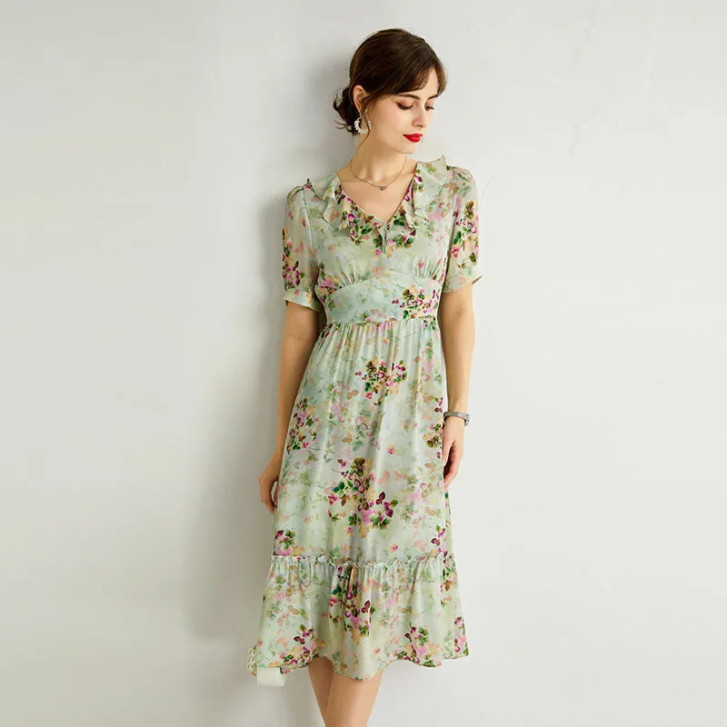 Women's Summer Mulberry Silk Dress Mid-length V-neck Fashion Slim Dress
