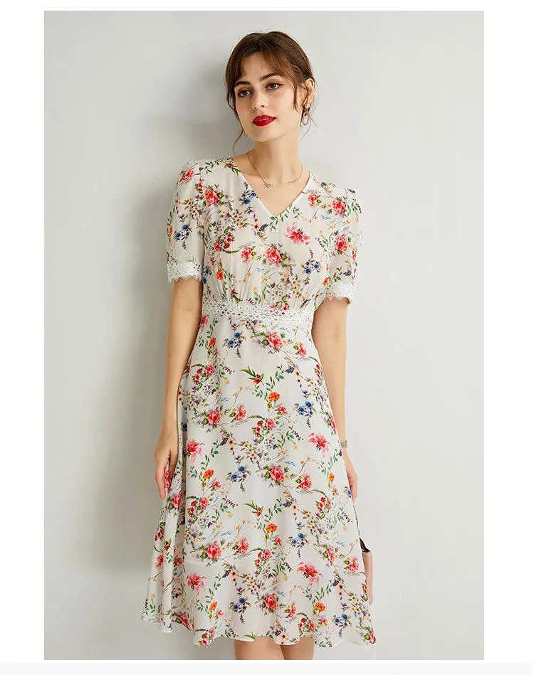 Women's Summer Mulberry Silk Dress V-neck Lace Waist Mid-length Dress
