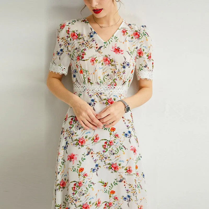 Women's Summer Mulberry Silk Dress V-neck Lace Waist Mid-length Dress