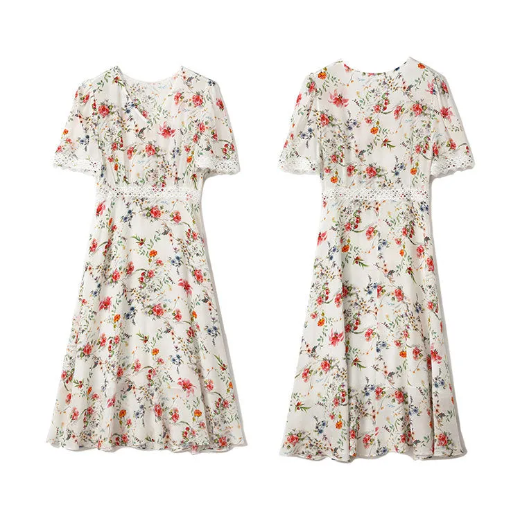 Women's Summer Mulberry Silk Dress V-neck Lace Waist Mid-length Dress