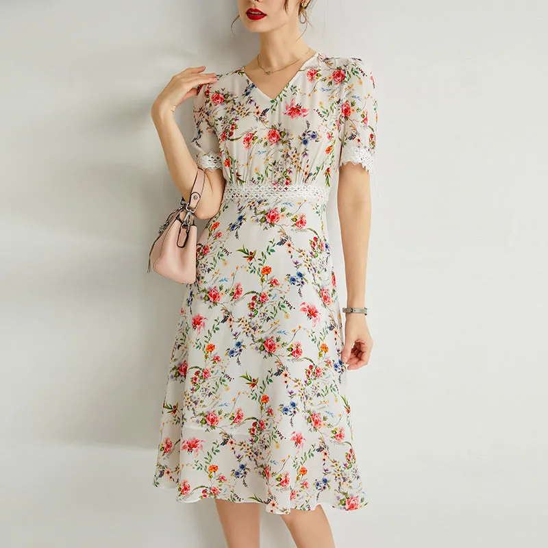 Women's Summer Mulberry Silk Dress V-neck Lace Waist Mid-length Dress