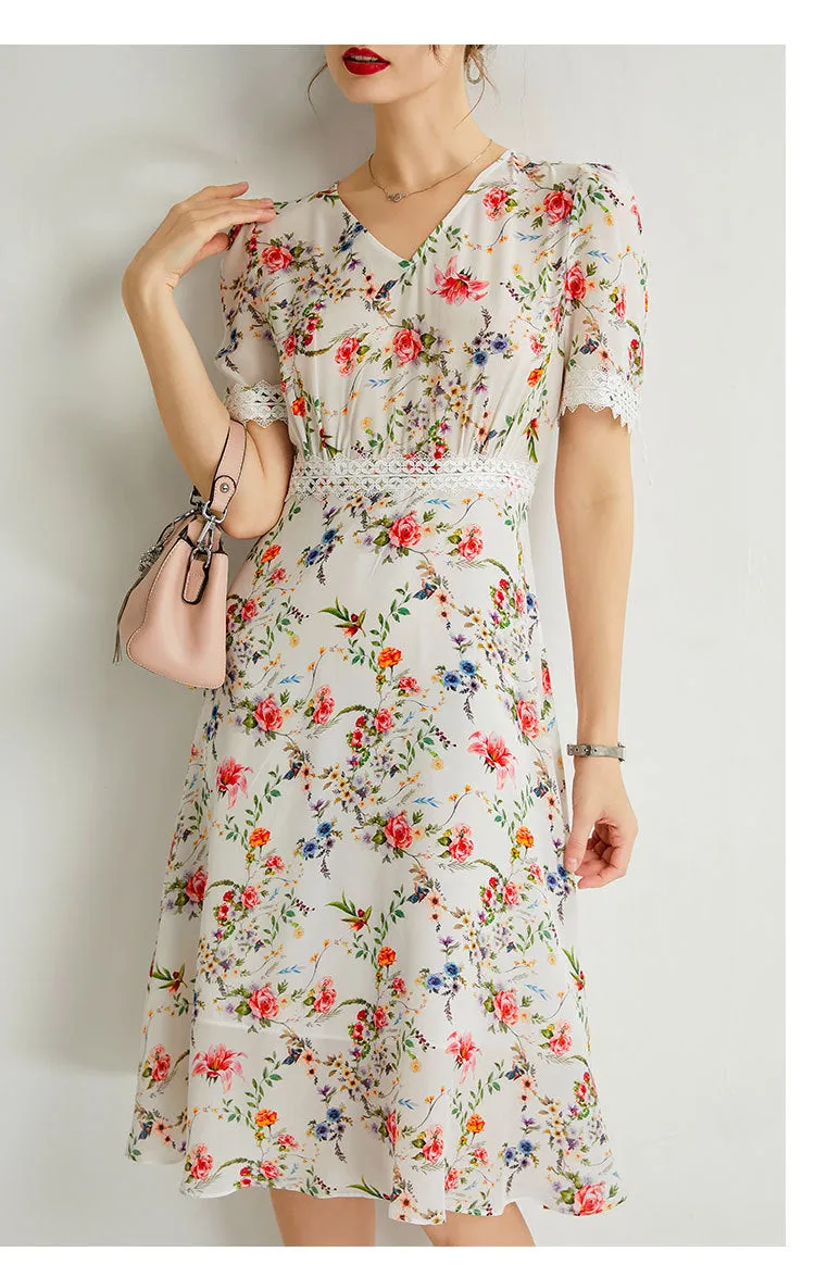 Women's Summer Mulberry Silk Dress V-neck Lace Waist Mid-length Dress