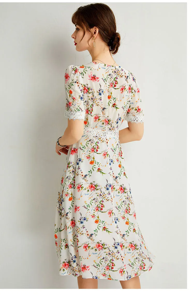 Women's Summer Mulberry Silk Dress V-neck Lace Waist Mid-length Dress