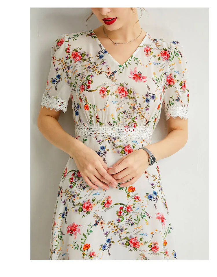 Women's Summer Mulberry Silk Dress V-neck Lace Waist Mid-length Dress