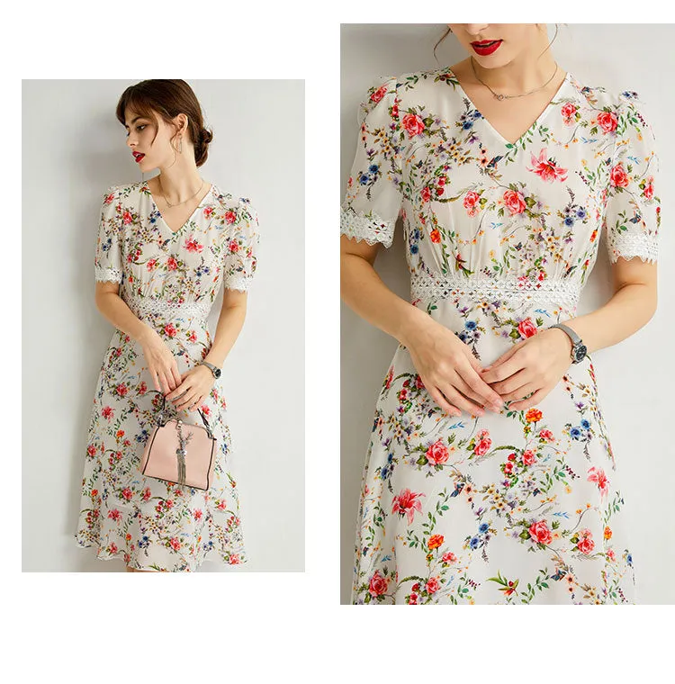Women's Summer Mulberry Silk Dress V-neck Lace Waist Mid-length Dress