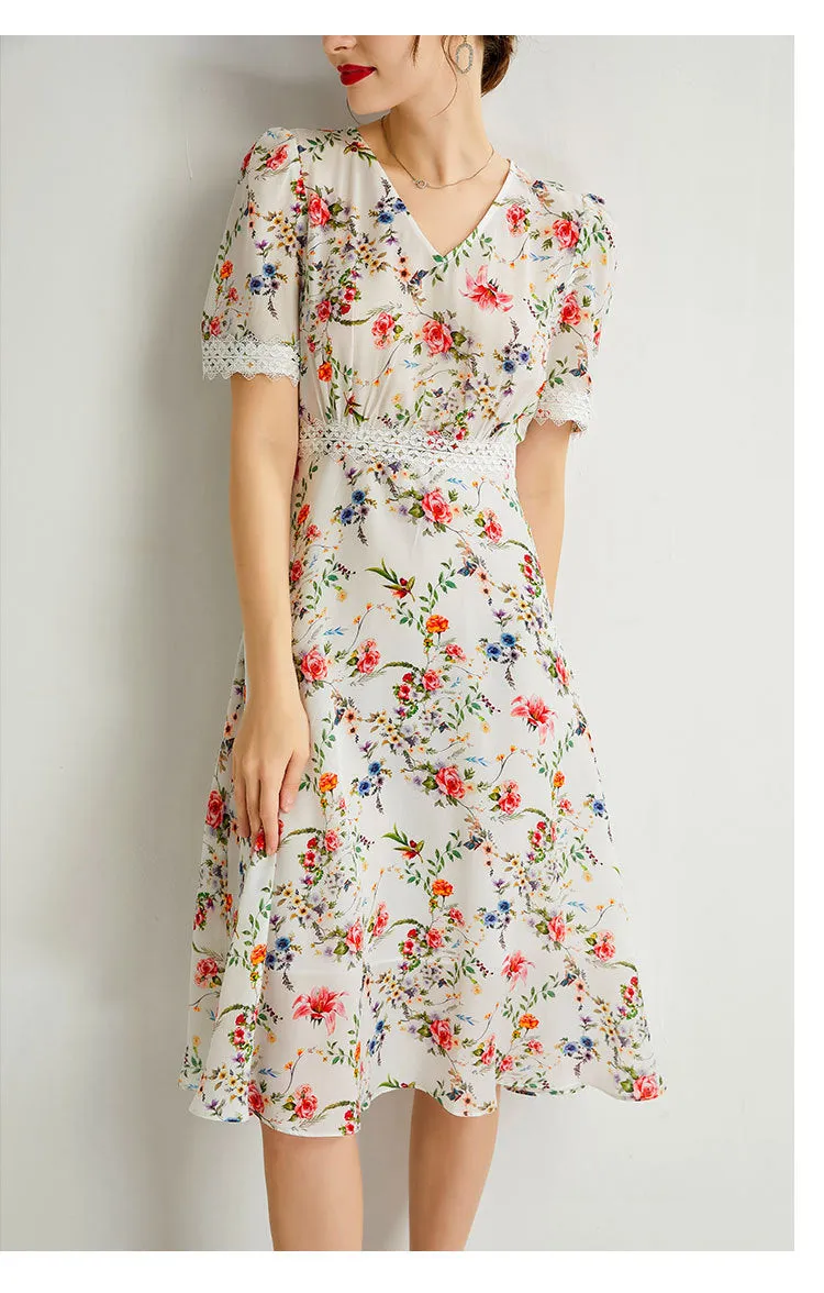 Women's Summer Mulberry Silk Dress V-neck Lace Waist Mid-length Dress