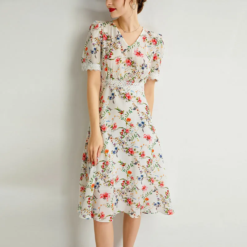 Women's Summer Mulberry Silk Dress V-neck Lace Waist Mid-length Dress