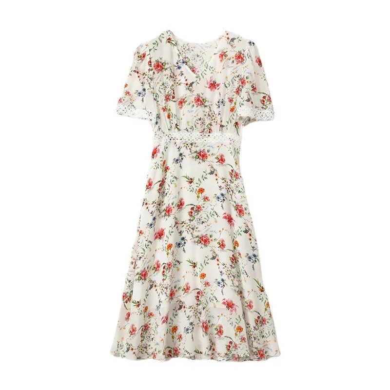 Women's Summer Mulberry Silk Dress V-neck Lace Waist Mid-length Dress