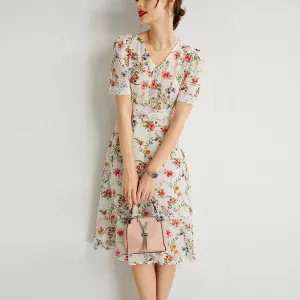 Women's Summer Mulberry Silk Dress V-neck Lace Waist Mid-length Dress
