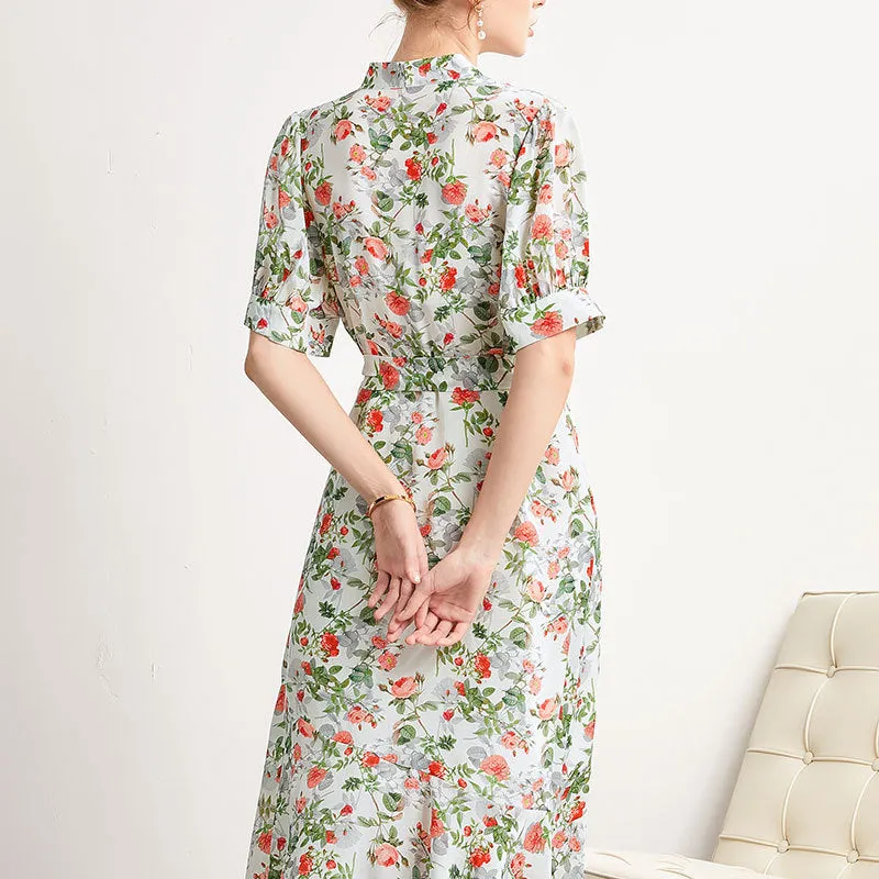 Women's Summer Silk Dress French Style Slim Printed Dress