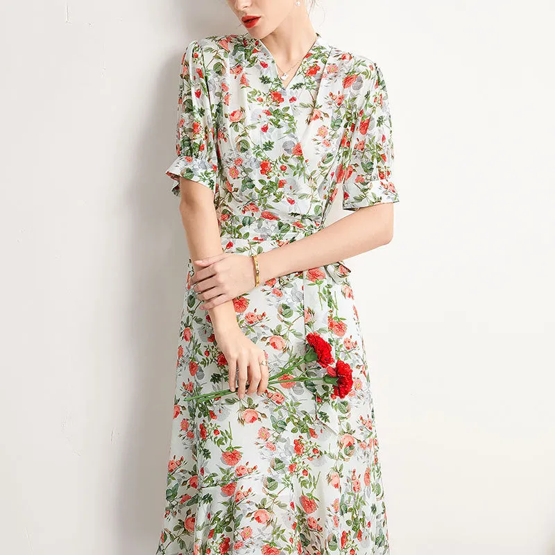Women's Summer Silk Dress French Style Slim Printed Dress