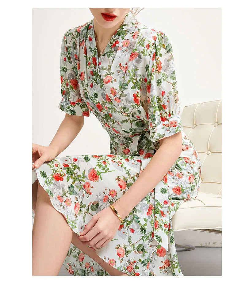 Women's Summer Silk Dress French Style Slim Printed Dress