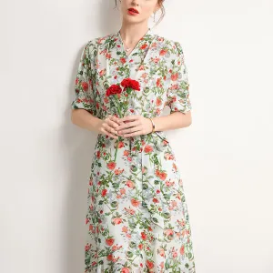 Women's Summer Silk Dress French Style Slim Printed Dress