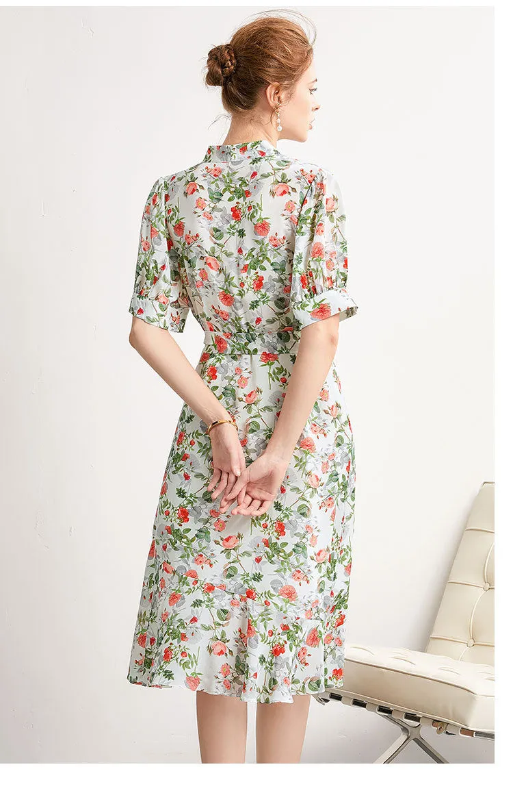 Women's Summer Silk Dress French Style Slim Printed Dress
