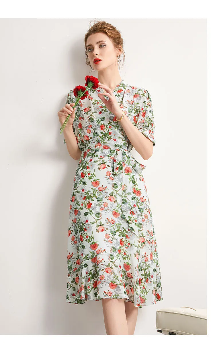 Women's Summer Silk Dress French Style Slim Printed Dress