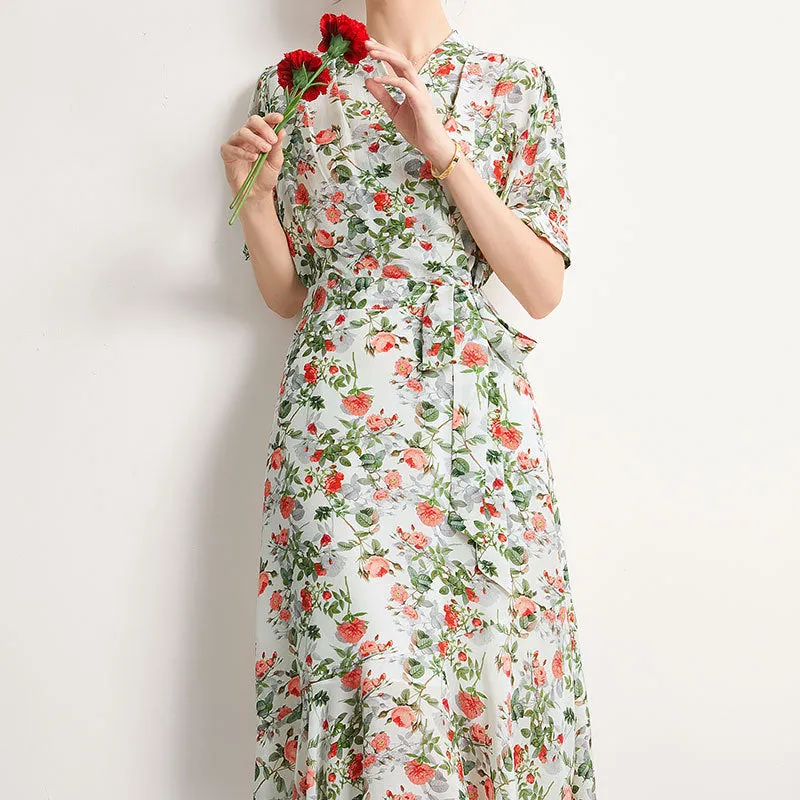 Women's Summer Silk Dress French Style Slim Printed Dress