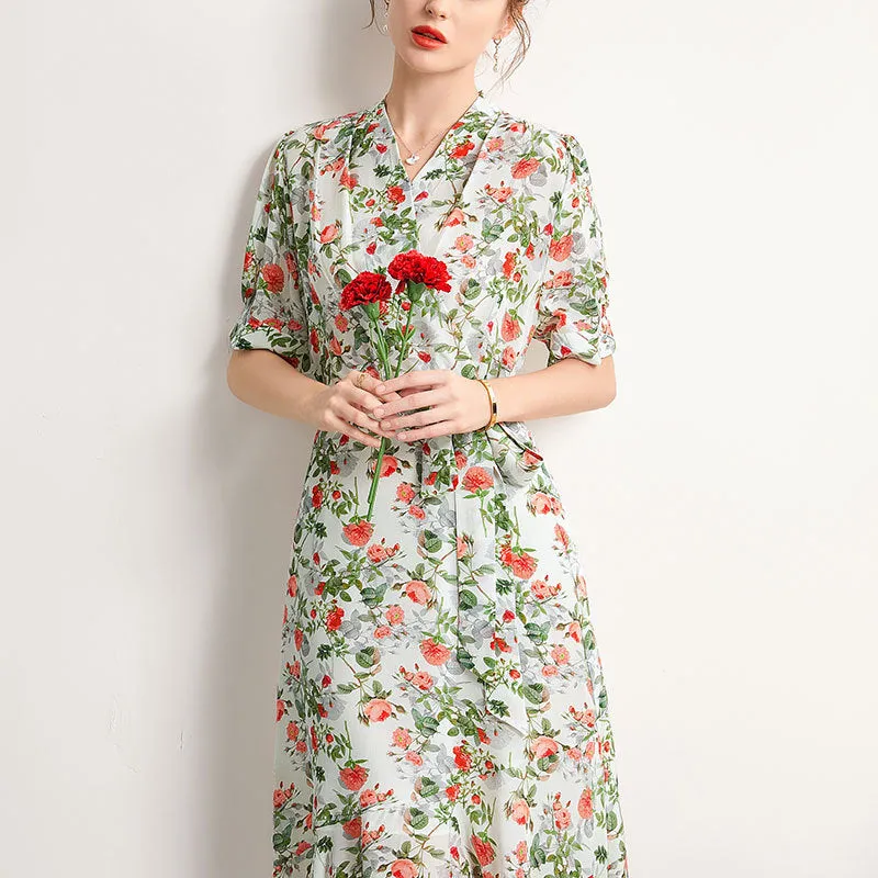 Women's Summer Silk Dress French Style Slim Printed Dress