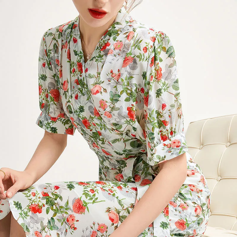 Women's Summer Silk Dress French Style Slim Printed Dress